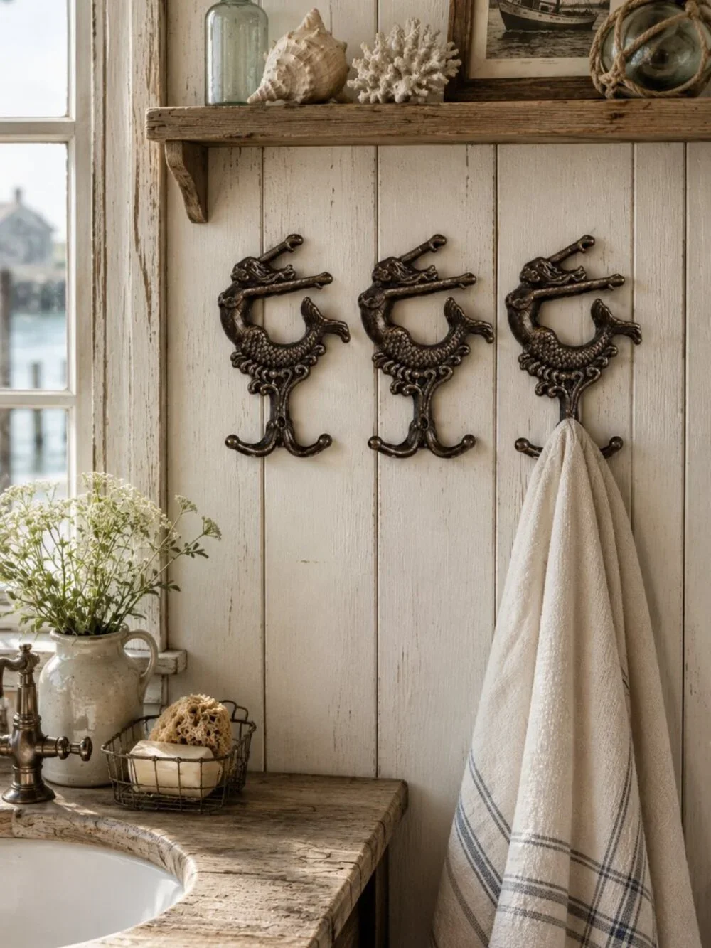 Set of 3 Vintage Cast Iron Mermaid Double Towel Hooks Antique Bronze Finish